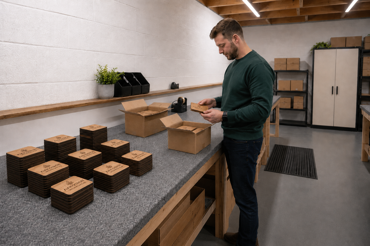 A man in a dark green sweater and jeans stands at a wooden workbench in a modern workshop, packing small brown cardboard boxes with square wooden items. Several boxes are already packed on the gray work surface, and shelves and cabinets are visible in the background.