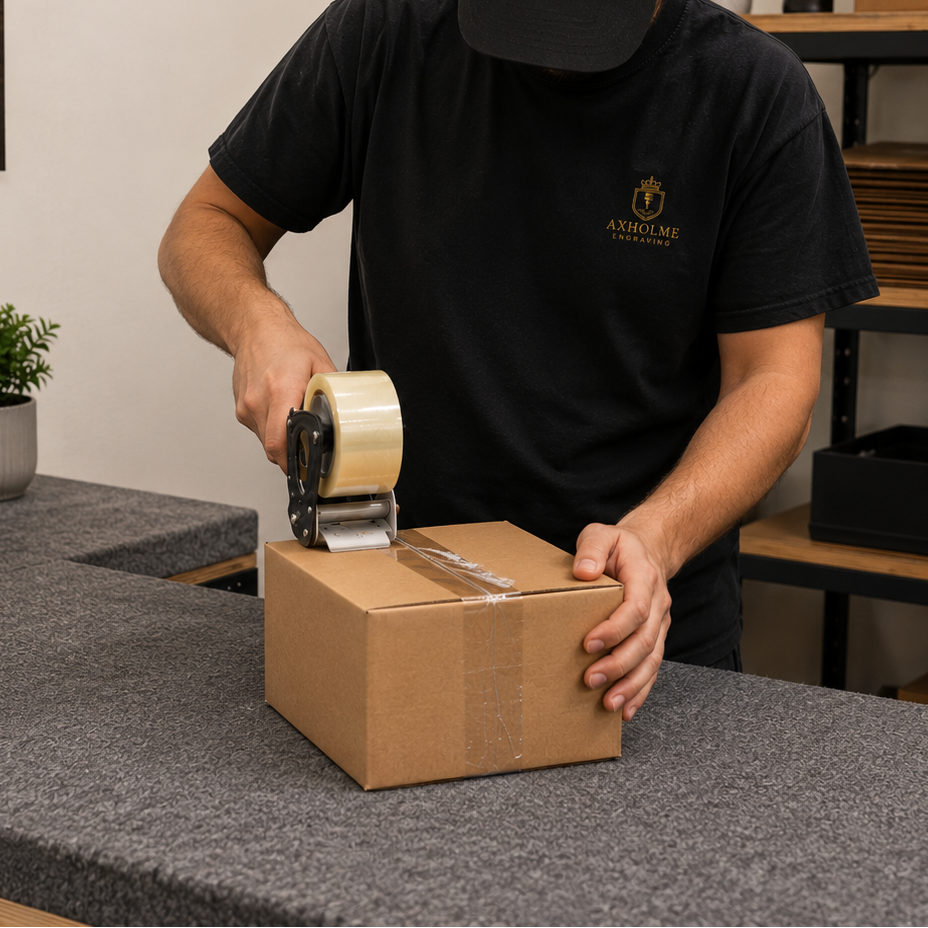 A man wearing a black branded t-shirt and cap seals a cardboard box with clear tape on a gray counter inside a workshop or office space. The background shows shelves with boxes and a branded wall sign for Axholme Engraving.