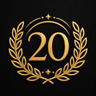 A metallic gold 20 years experience emblem featuring a laurel wreath and stars on a solid black background.