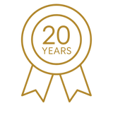 A gold ribbon badge icon with the text '20 YEARS' centered on a plain white background.