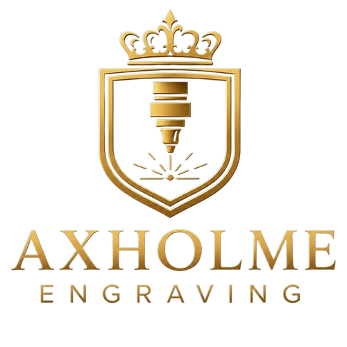 Gold logo for AXHOLME ENGRAVING featuring a crown and shield with a laser engraving icon, on a white background.