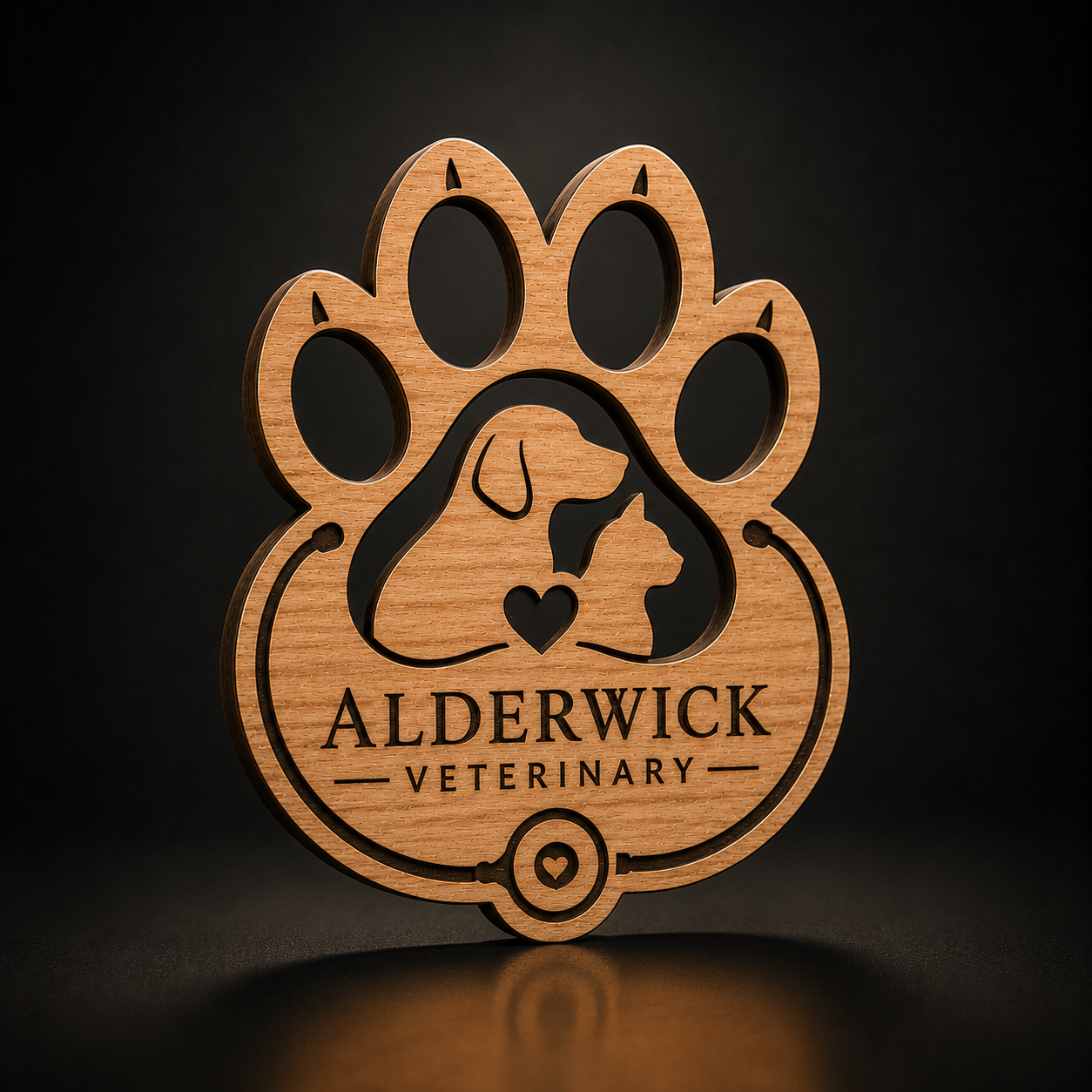 A laser-cut wooden paw print sign featuring the Alderwick Veterinary logo, shown on a dark reflective surface.