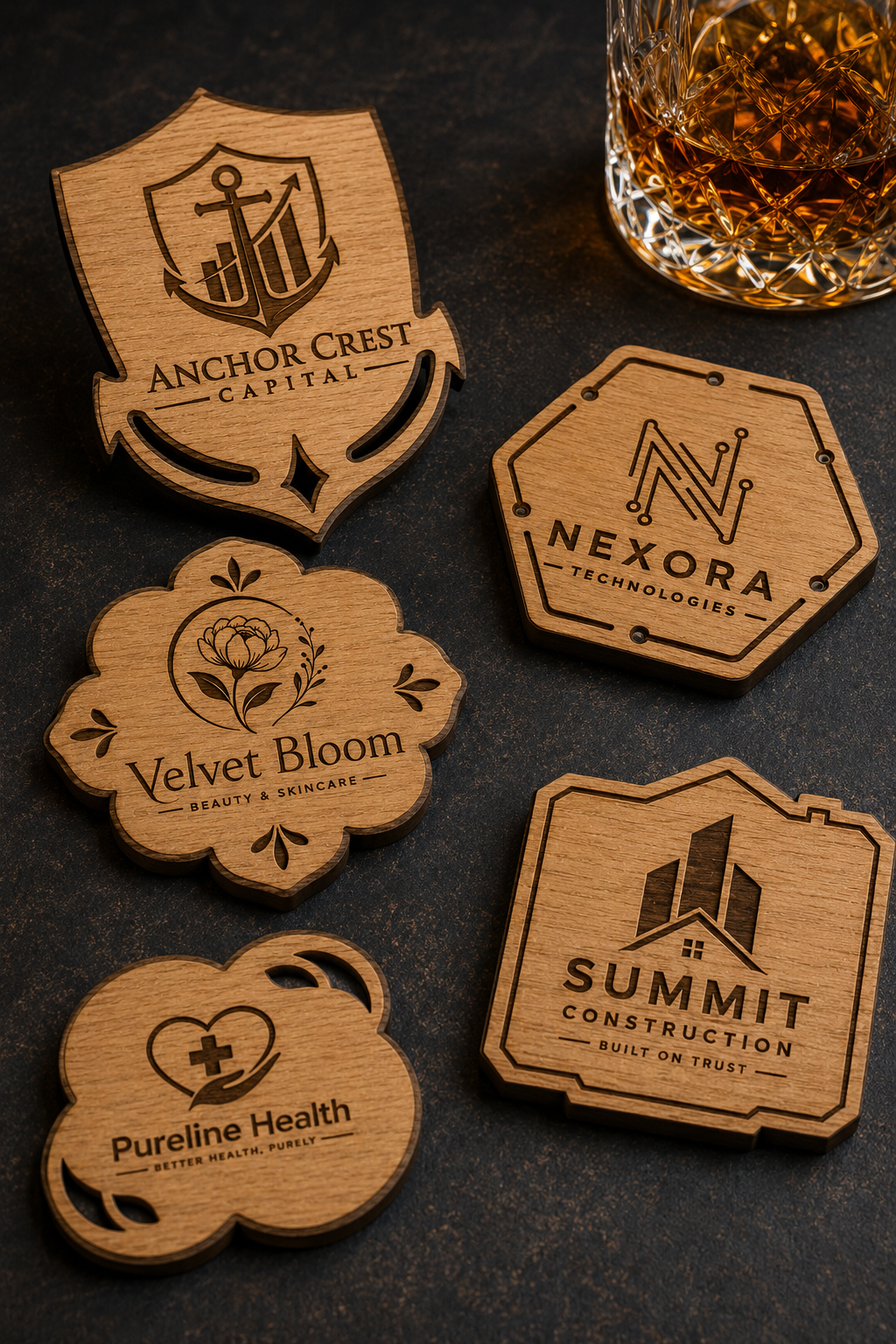 Five personalized laser-engraved wooden coasters displayed on a dark textured surface, with a glass of amber liquid partially visible in the top right corner. The coasters feature custom designs and text including 'Anchor Crest Capital', 'Velvet Bloom', 'Nexora Technologies', 'Pureline Health', and 'Summit Construction'.