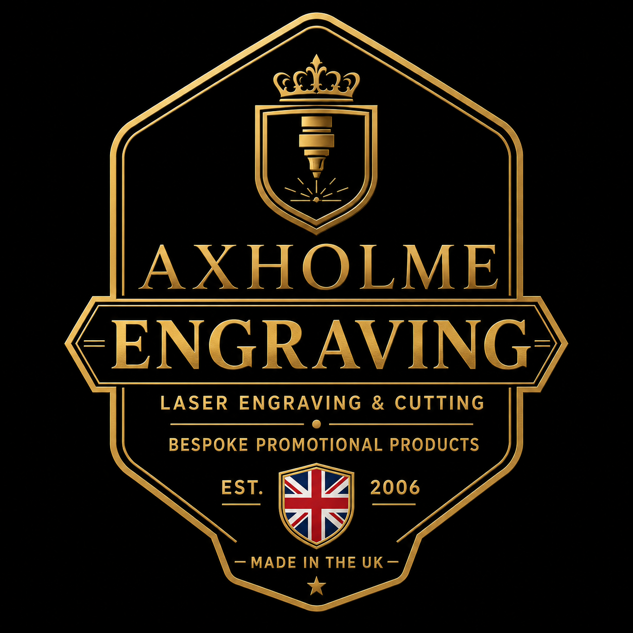 A black and gold logo-style emblem reading 'AXHOLME ENGRAVING' with a crown, shield, and Union Jack detail on a black background.