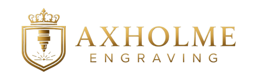 Gold logo and text reading AXHOLME ENGRAVING on a black background, with a crown-and-shield emblem on the left.