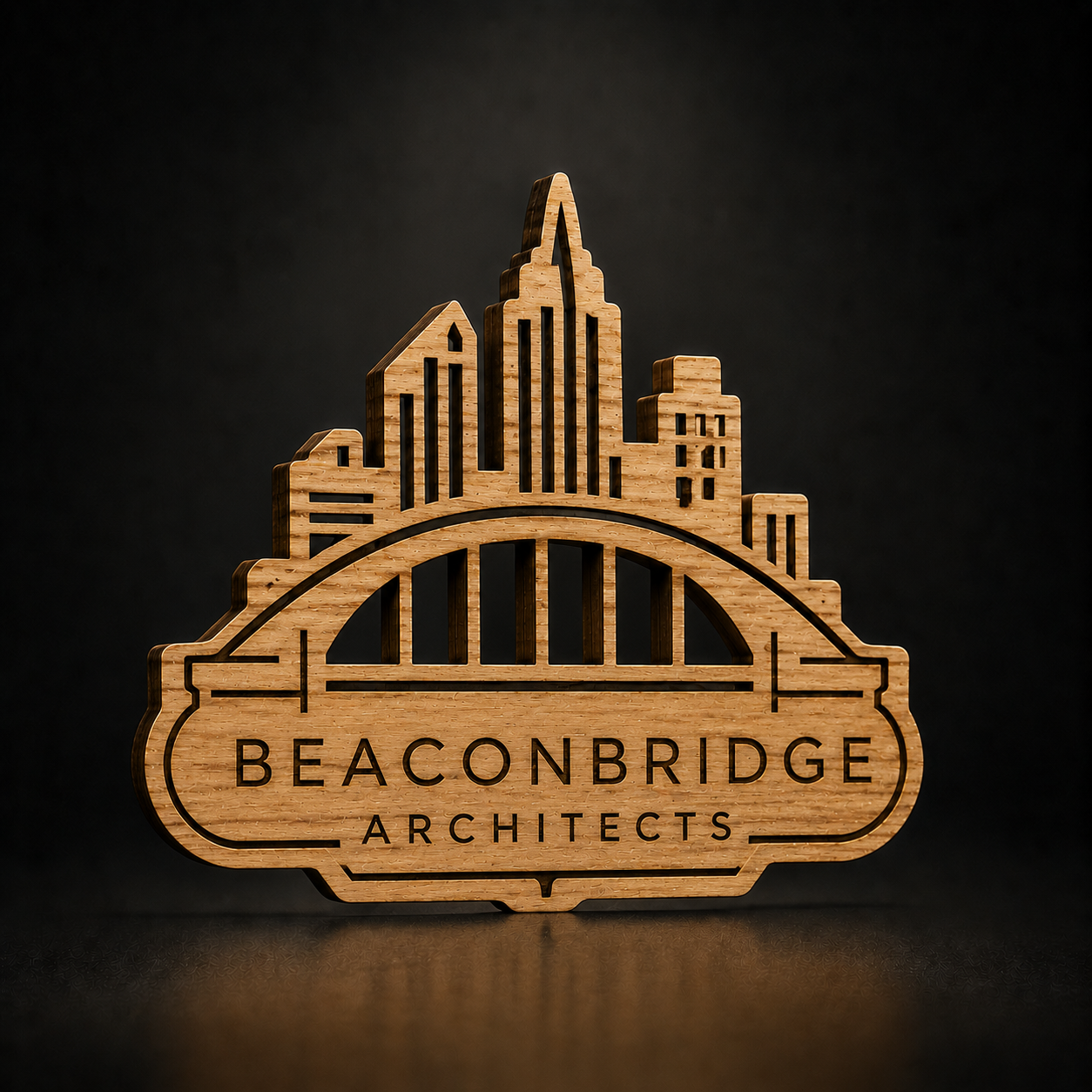 A laser-cut wooden plaque featuring a skyline silhouette with a bridge and the engraved text 'BEACONBRIDGE ARCHITECTS', shown on a dark studio background.