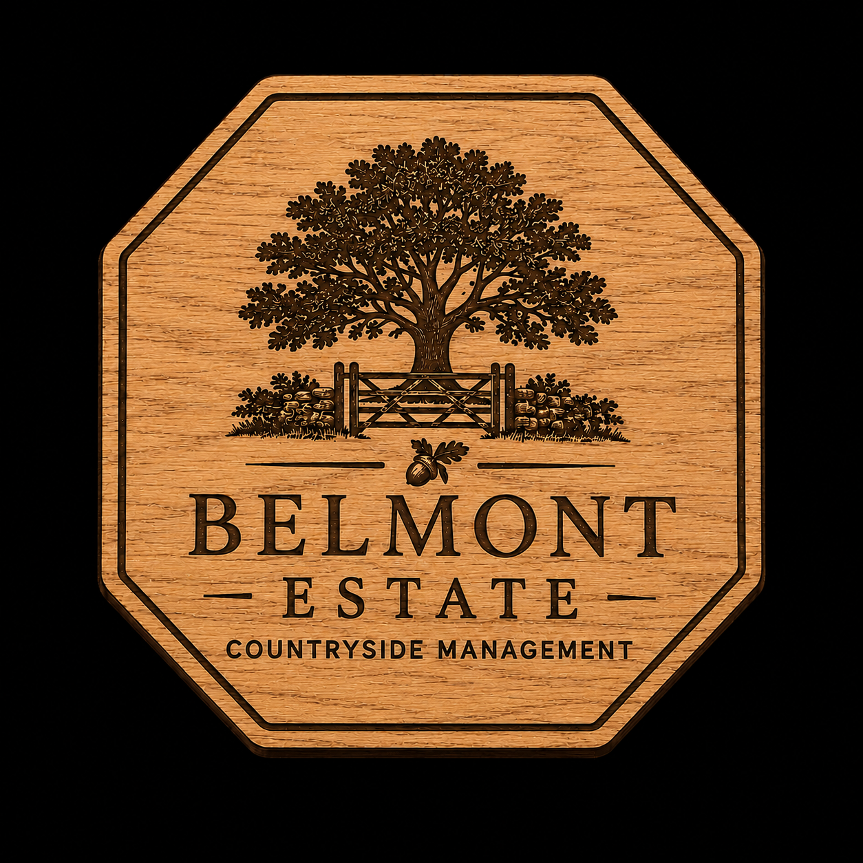 An octagonal wooden plaque or sign featuring a dark engraved tree, fence, and the text 'BELMONT ESTATE COUNTRYSIDE MANAGEMENT' on a black background.
