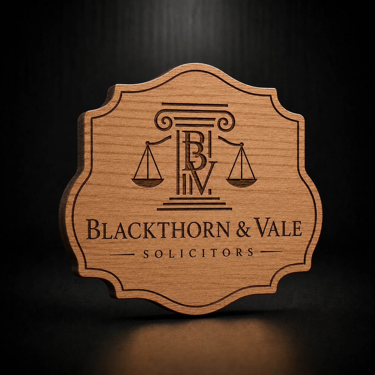 A wooden plaque or sign with a scalloped border, engraved with a column and scales of justice symbol and the text 'BLACKTHORN & VALE SOLICITORS' on a dark background.