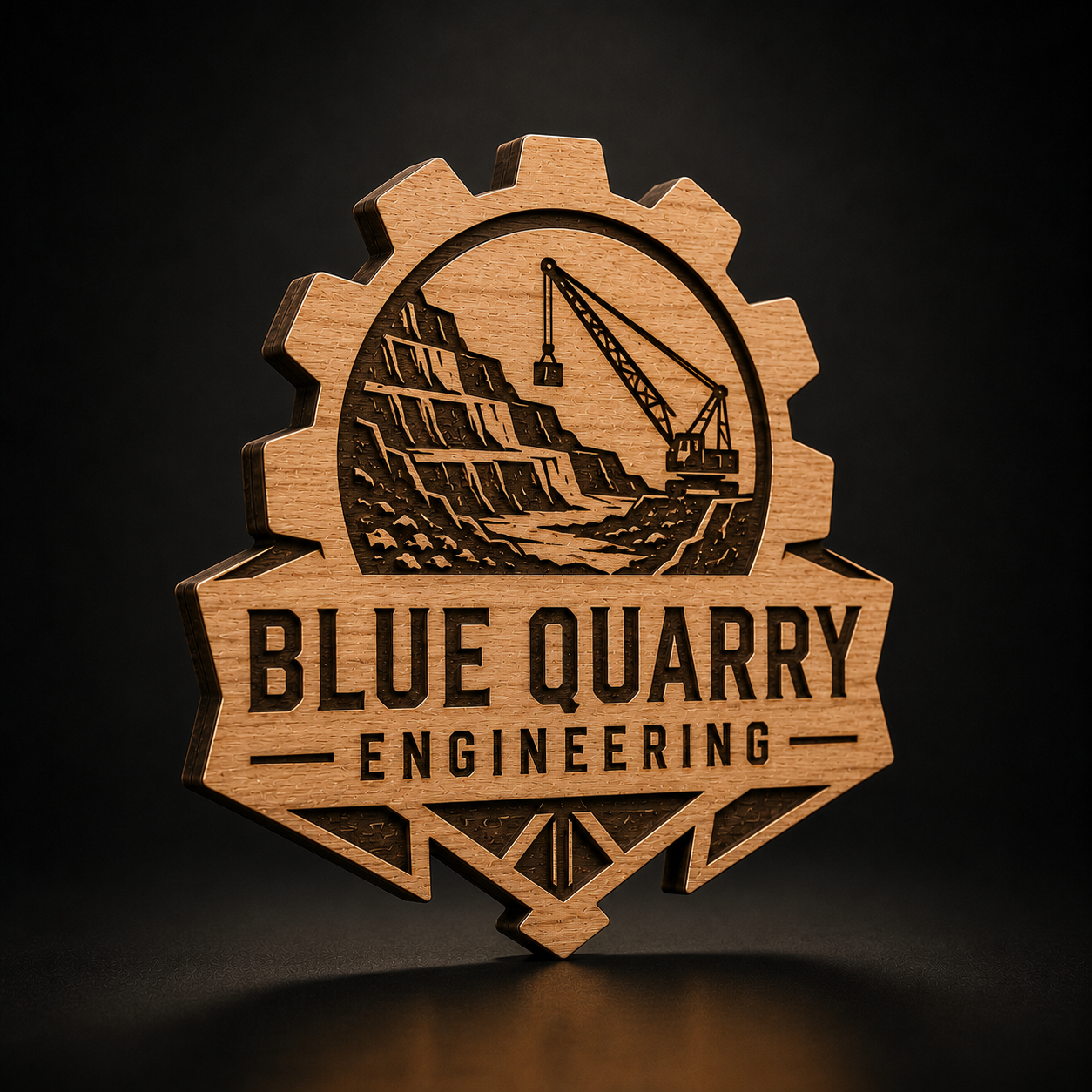A 3D wooden cutout plaque featuring a gear and banner design with the engraved text 'BLUE QUARRY ENGINEERING' and an illustration of a quarry crane, set against a dark background.