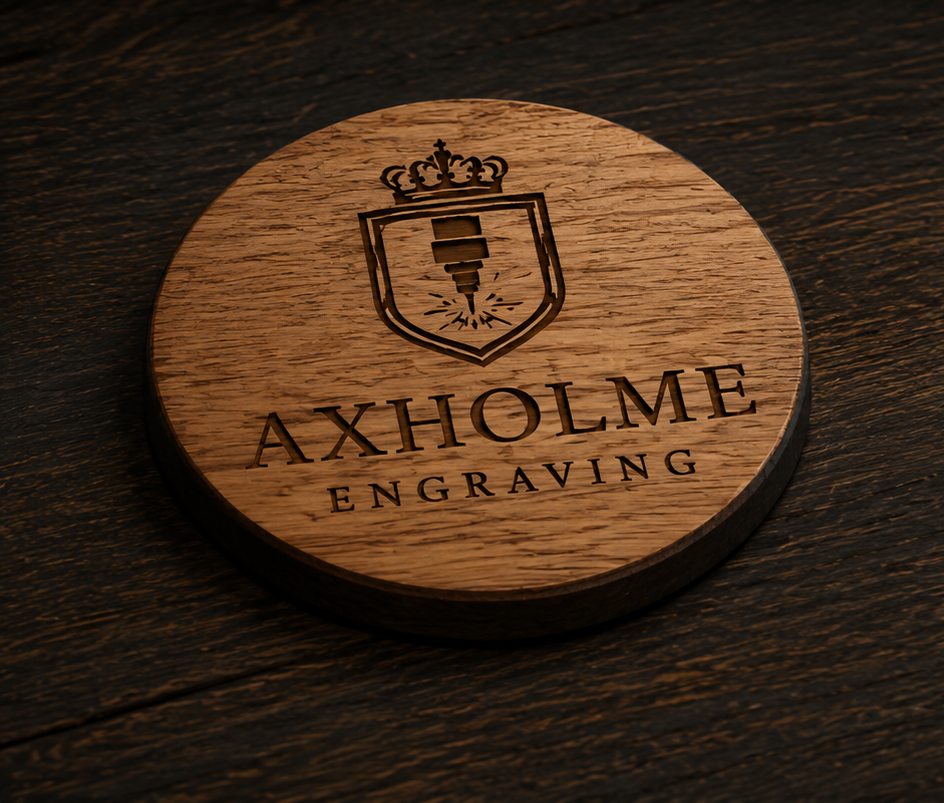 A round wooden coaster engraved with a crest and the words 'AXHOLME ENGRAVING', shown on a dark wood surface.