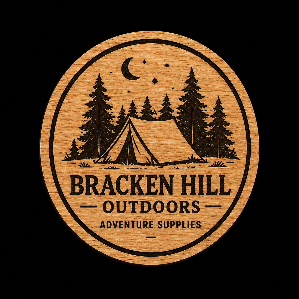 A circular wooden brand plaque or sticker featuring a laser-engraved camping scene with a tent, pine trees, stars, and a crescent moon. The text reads 'BRACKEN HILL OUTDOORS' and 'ADVENTURE SUPPLIES' on a black background.
