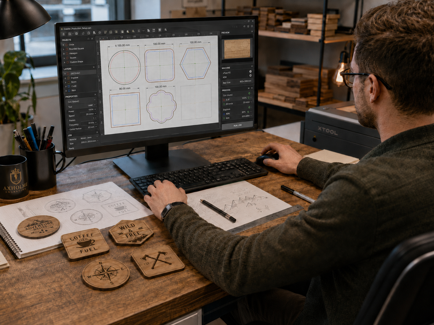 A man sits at a wooden desk in a workshop, using a computer monitor with CAD design sketches. In the foreground on the desk are several laser-engraved wooden coasters showing designs like 'Wild West Trail' and a compass.