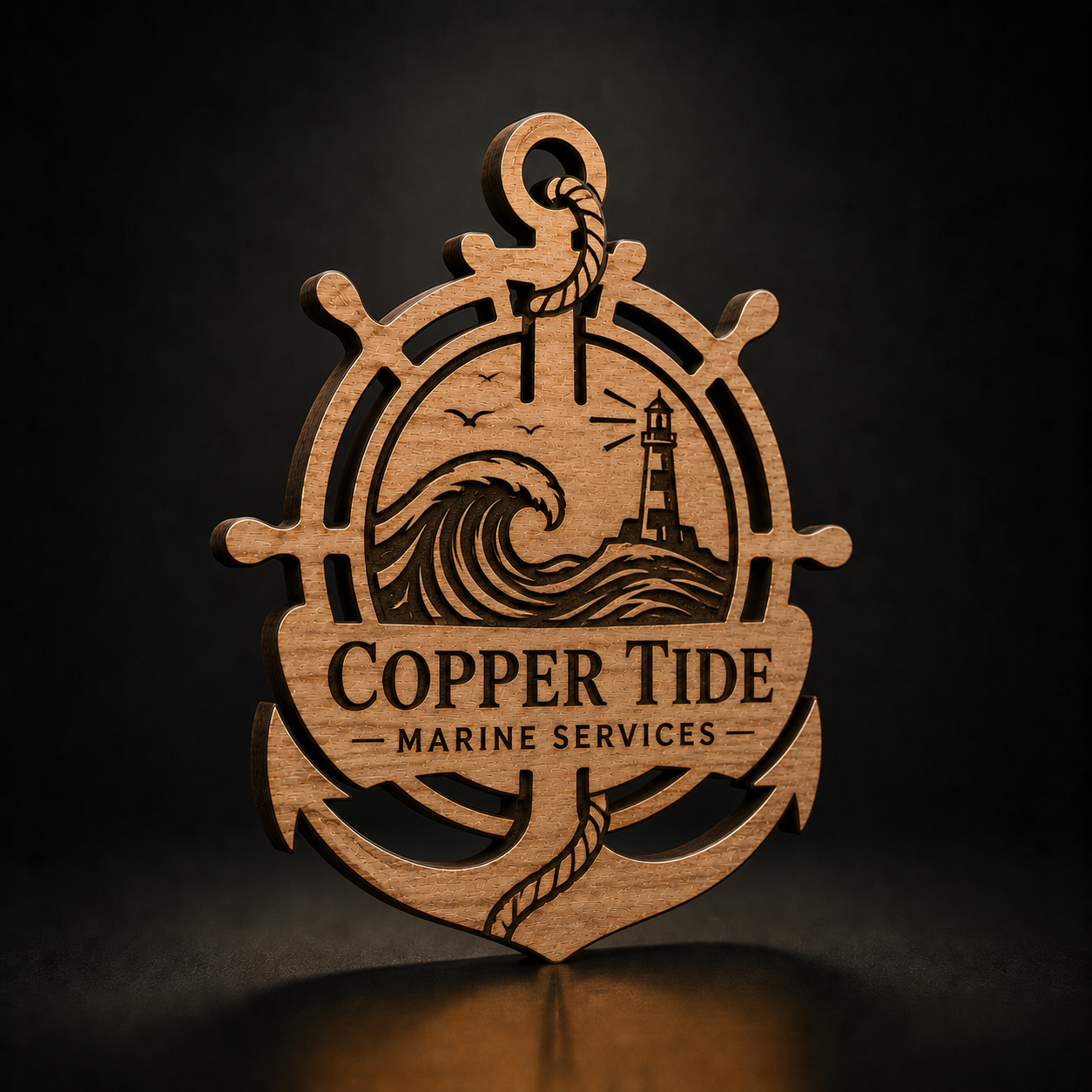 A laser-engraved wooden nautical sign featuring an anchor, ship's wheel, wave, lighthouse, and the text 'COPPER TIDE MARINE SERVICES' on a dark background.