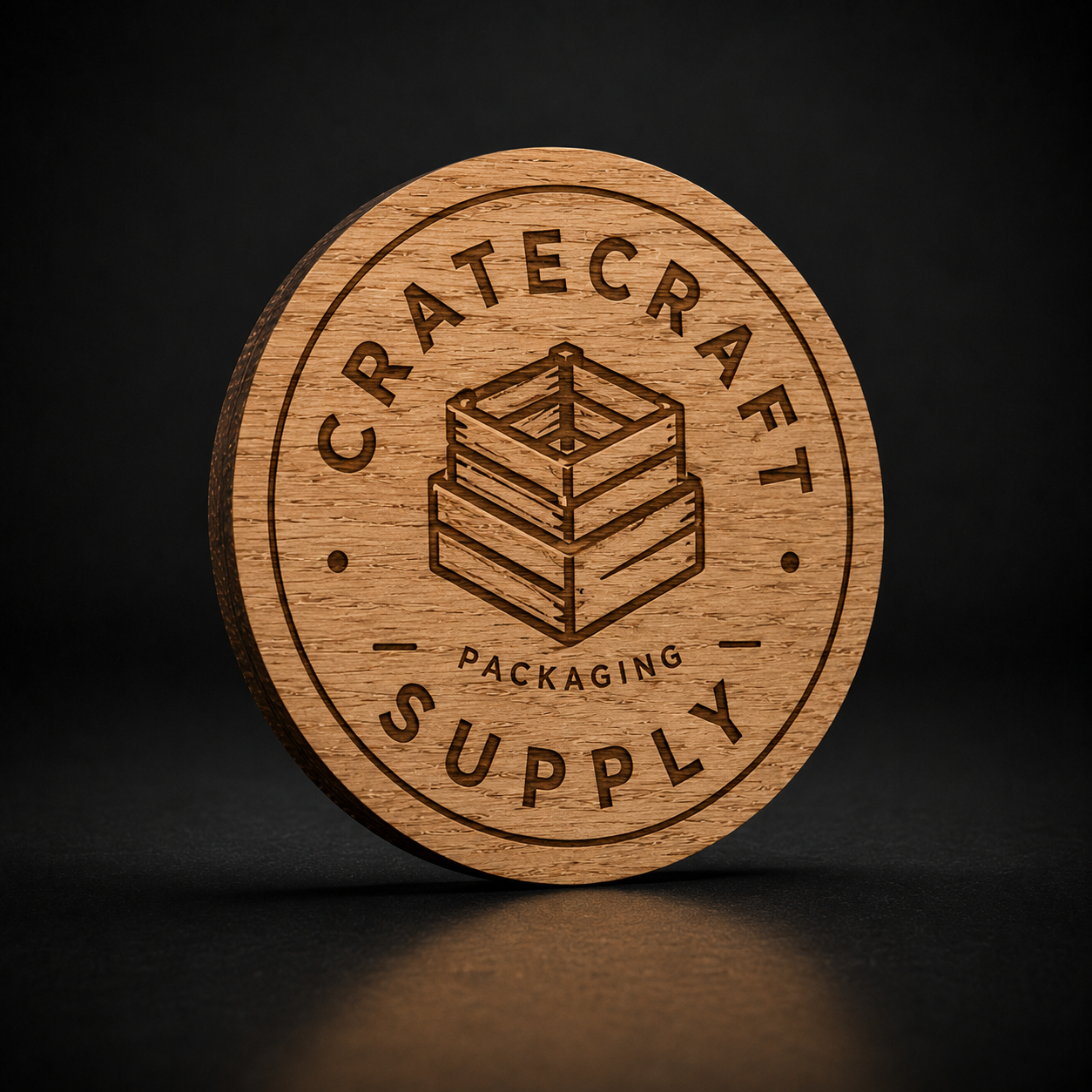 A round wooden coaster or plaque featuring a laser-engraved logo for 'Cratecraft Packaging Supply' with an illustration of stacked wooden crates, set against a dark background.