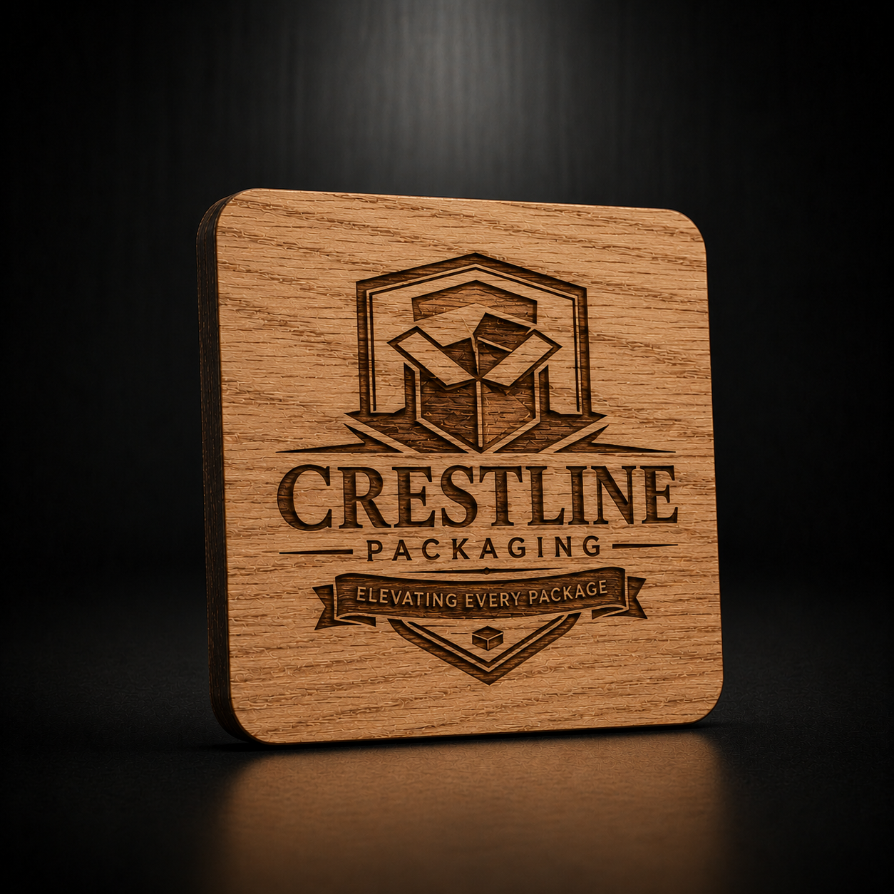 A square wooden coaster with rounded corners featuring a laser-engraved logo for 'Crestline Packaging' on a dark, reflective surface.