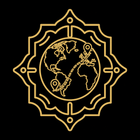 A gold line-art emblem featuring a stylized globe with a travel route marked by two location pins, enclosed in an ornate symmetrical border on a solid black background.