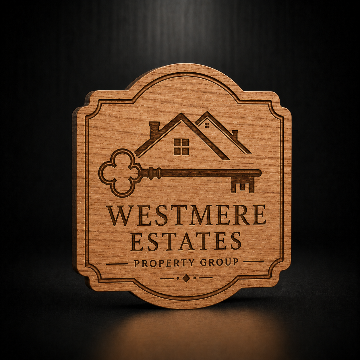 A square wooden plaque with rounded corners and an engraved house-and-key design, featuring the text 'WESTMERE ESTATES' and 'PROPERTY GROUP' on a dark background.