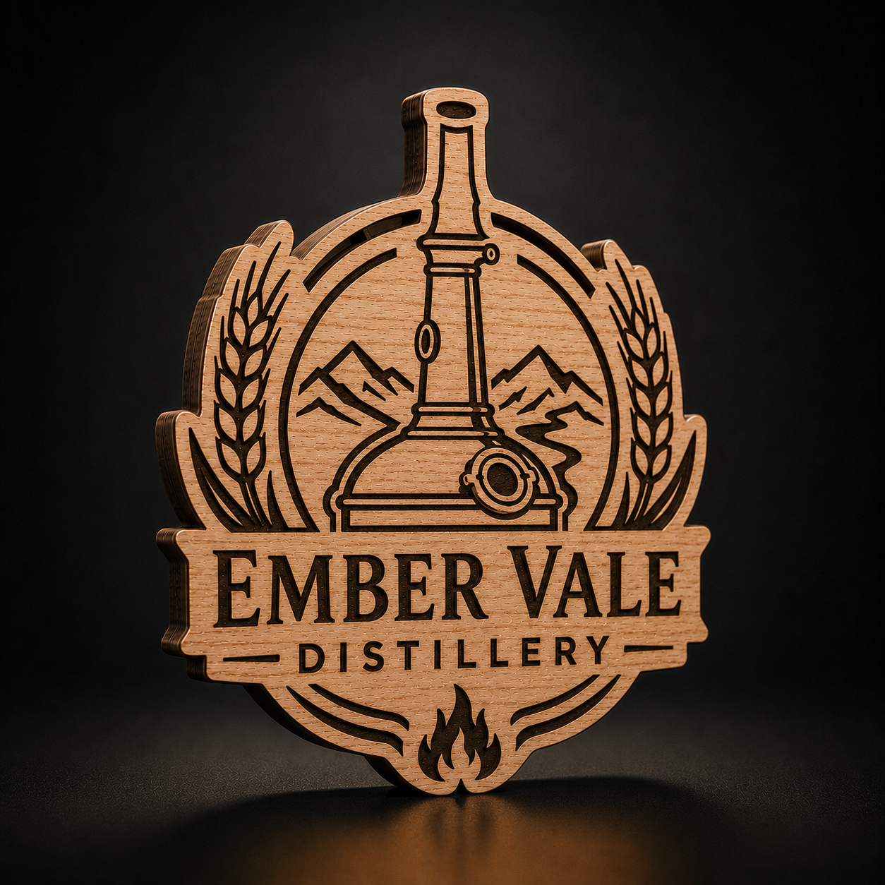 A laser-cut wooden sign featuring the Ember Vale Distillery logo, displayed on a dark, reflective surface against a black background.