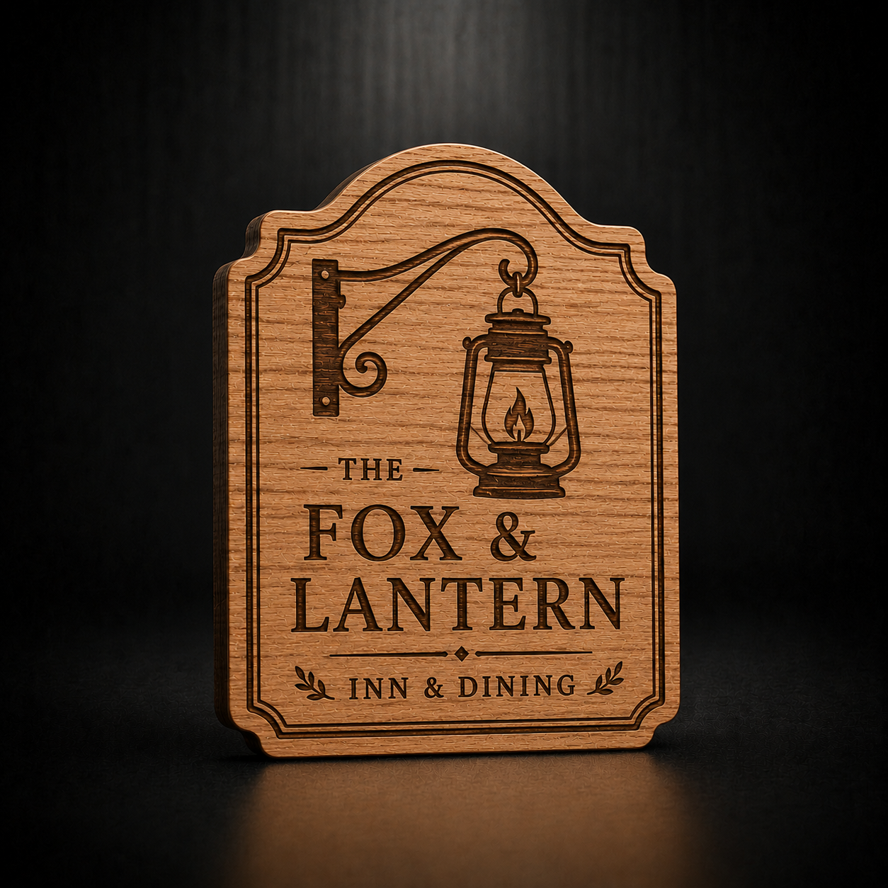 A decorative wooden sign with an arched top and engraved text reading “THE FOX & LANTERN INN & DINING,” featuring an illustration of a lantern and wall mount, shown on a dark background.