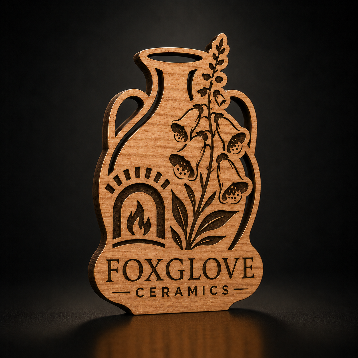 A wooden decorative plaque shaped like a ceramic pitcher, engraved with foxglove flowers, a flame motif, and the text 'FOXGLOVE CERAMICS' on a dark studio background.