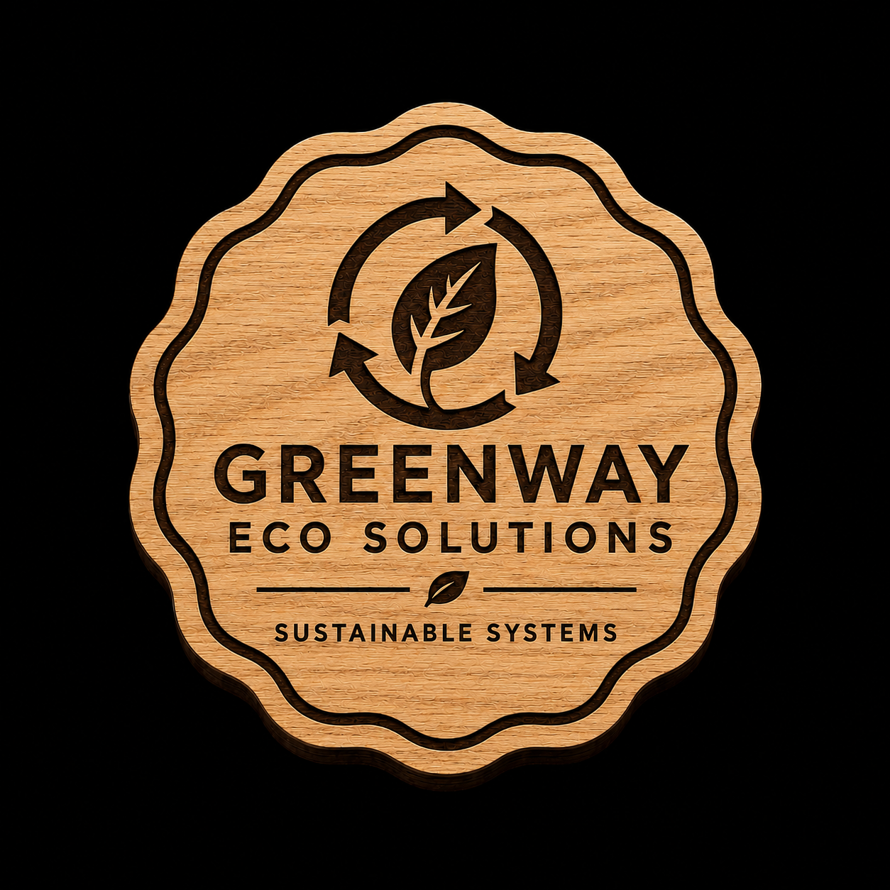 A scalloped wooden plaque or coaster featuring the text 'GREENWAY ECO SOLUTIONS' and 'SUSTAINABLE SYSTEMS' with a leaf recycling symbol, shown on a solid black background.
