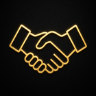 A glowing yellow neon-style outline of two hands shaking, centered on a solid black background.