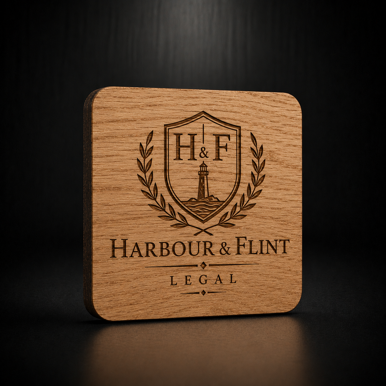 A square wooden coaster with rounded corners, featuring a laser-engraved logo for 'Harbour & Flint Legal' with a lighthouse shield emblem, set against a dark background.