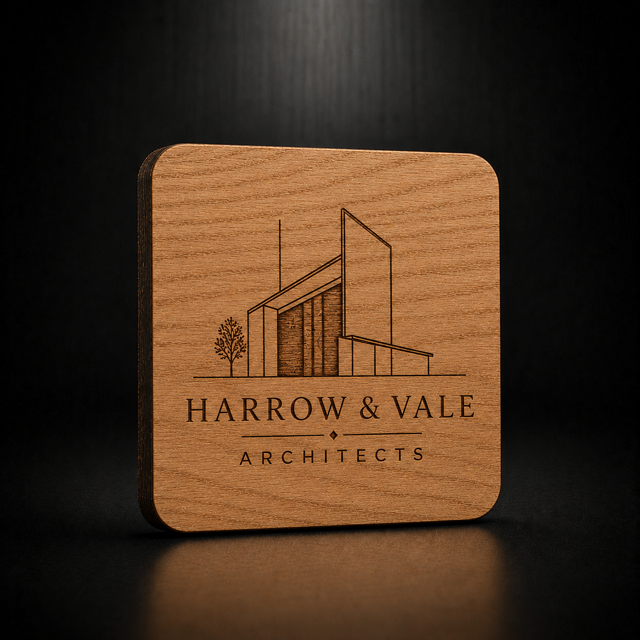 A square wooden coaster with rounded corners featuring an engraved line drawing of a modern building and the text 'HARROW & VALE ARCHITECTS' on a dark background.