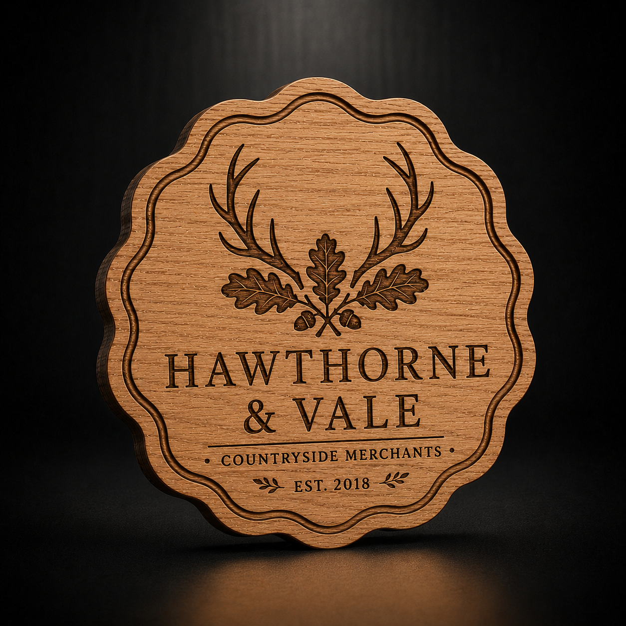 A scalloped wooden plaque or coaster with engraved text reading 'HAWTHORNE & VALE', 'COUNTRYSIDE MERCHANTS', and 'EST. 2018', shown on a dark background.
