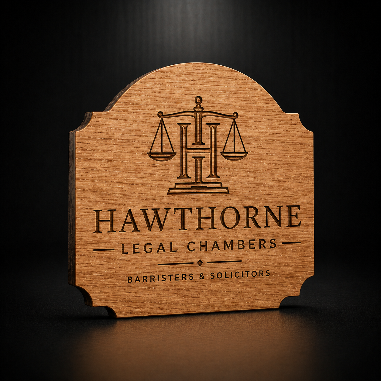 A custom wooden plaque with an arched top, engraved with a scale of justice and the text 'HAWTHORNE LEGAL CHAMBERS BARRISTERS & SOLICITORS' on a dark background.