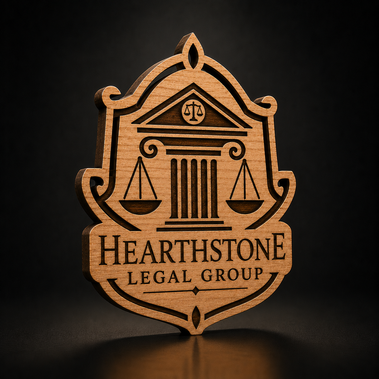 A 3D wooden crest plaque featuring the engraved text 'HEARTHSTONE LEGAL GROUP' with a classical temple and scales of justice design, set against a dark background.