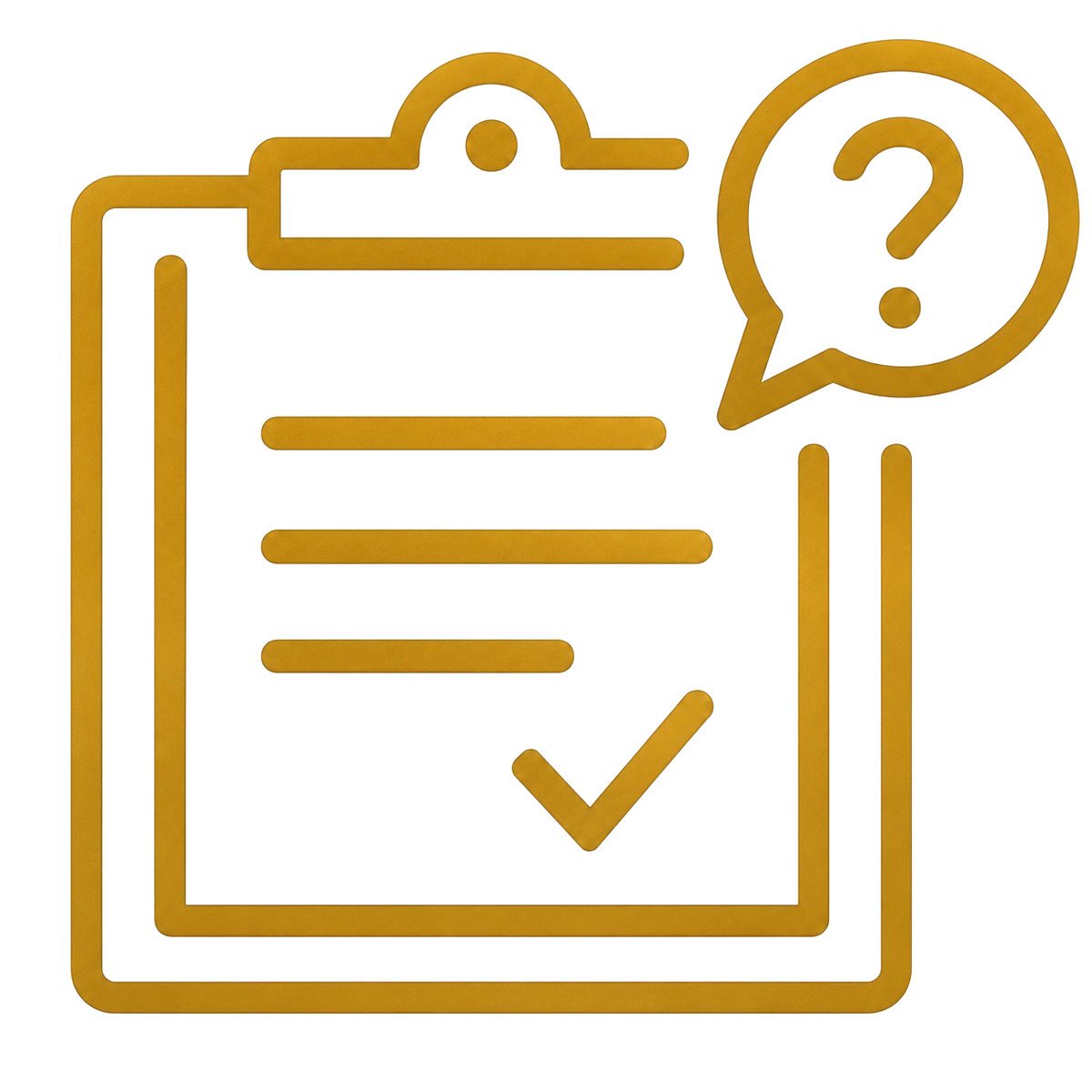 A gold vector icon depicting a clipboard with a checklist and a speech bubble containing a question mark, set against a solid white background.