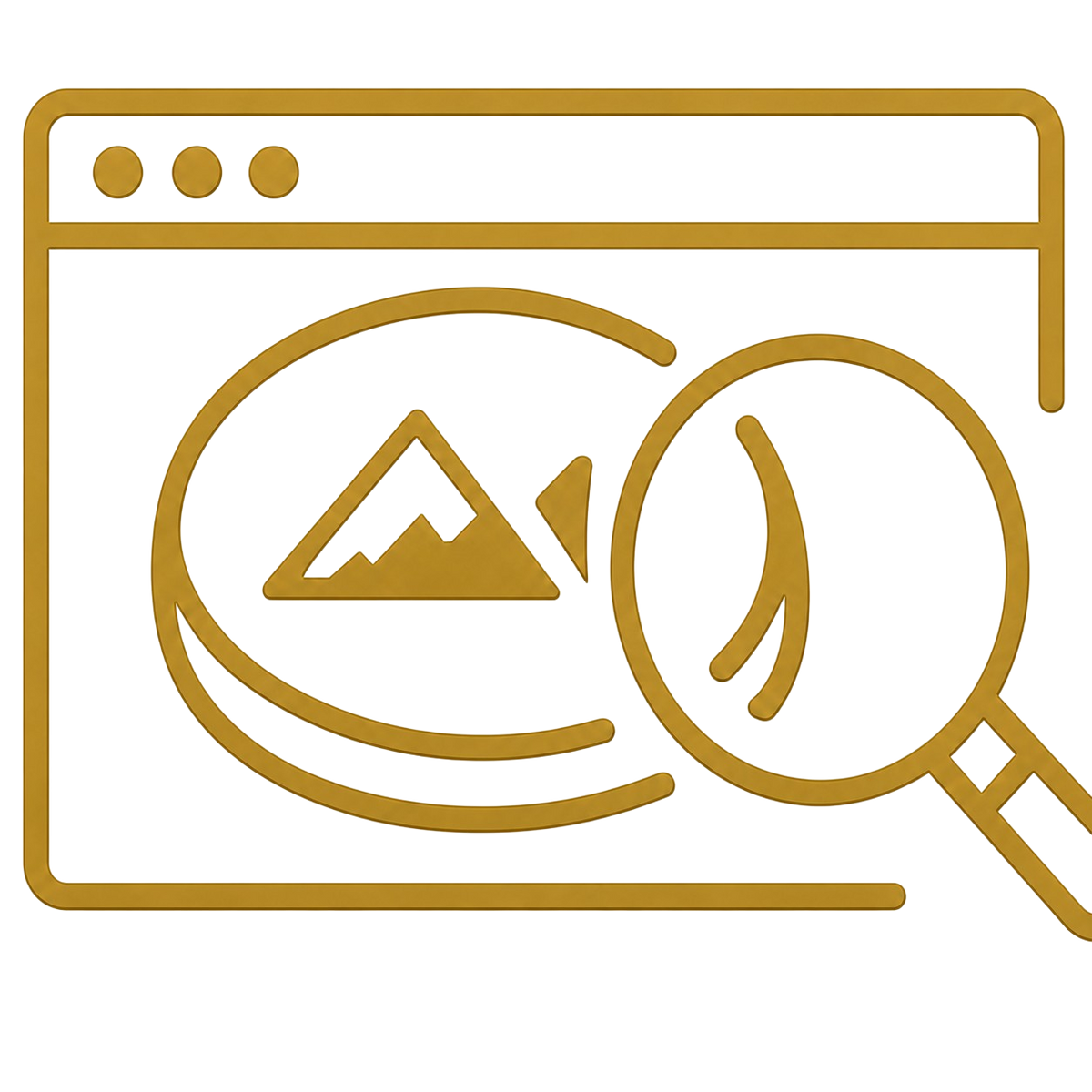 A gold-colored vector icon depicting a web browser window with a magnifying glass over a mountain landscape, symbolizing image search or online photography.