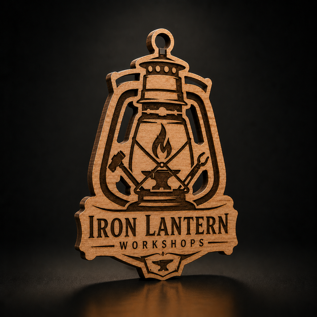 A laser-cut wooden ornament featuring an engraved iron lantern design with the text 'IRON LANTERN WORKSHOPS' and an anvil icon, shown on a dark background.
