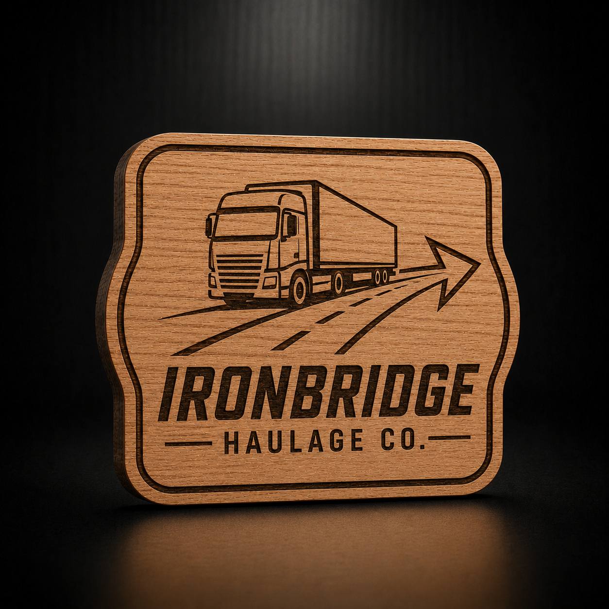 A rectangular wooden sign with rounded corners and a truck illustration, featuring the engraved text 'IRONBRIDGE HAULAGE CO.' on a dark studio background.