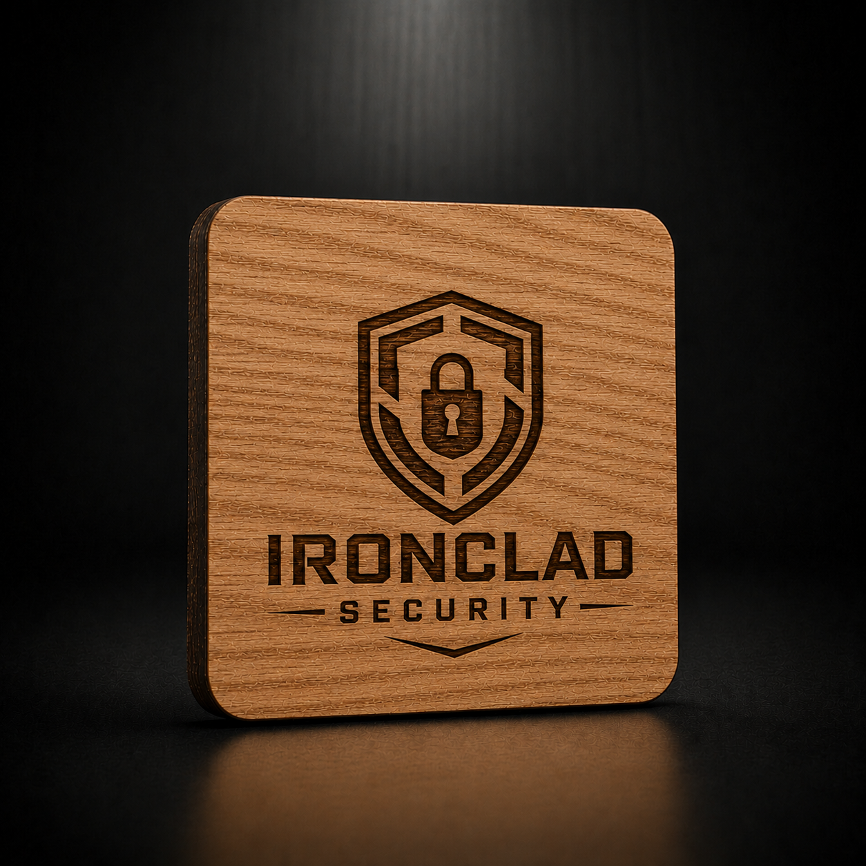 A square wooden coaster with rounded corners featuring a laser-engraved shield and padlock logo above the text 'IRONCLAD SECURITY', set against a dark, reflective background.