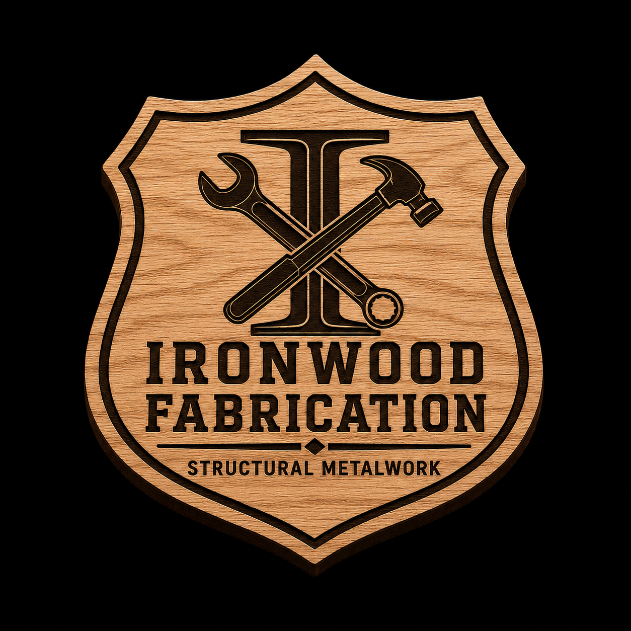 A shield-shaped wooden plaque or sign with a natural wood grain finish, featuring a black engraved logo of crossed tools and the text 'IRONWOOD FABRICATION' and 'STRUCTURAL METALWORK' on a solid black background.