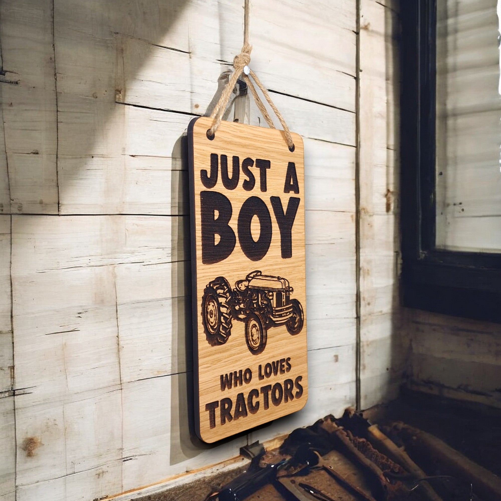 Just A Boy Who Loves Tractors. Wooden Hanging Sign (Tractor)