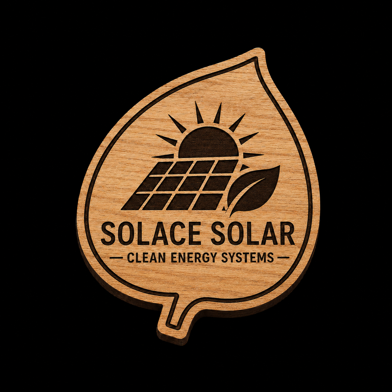 A teardrop-shaped wooden plaque or sticker with a natural wood grain finish, featuring a black engraved design of a solar panel and sun with the text 'SOLACE SOLAR' and 'CLEAN ENERGY SYSTEMS' on a solid black background.