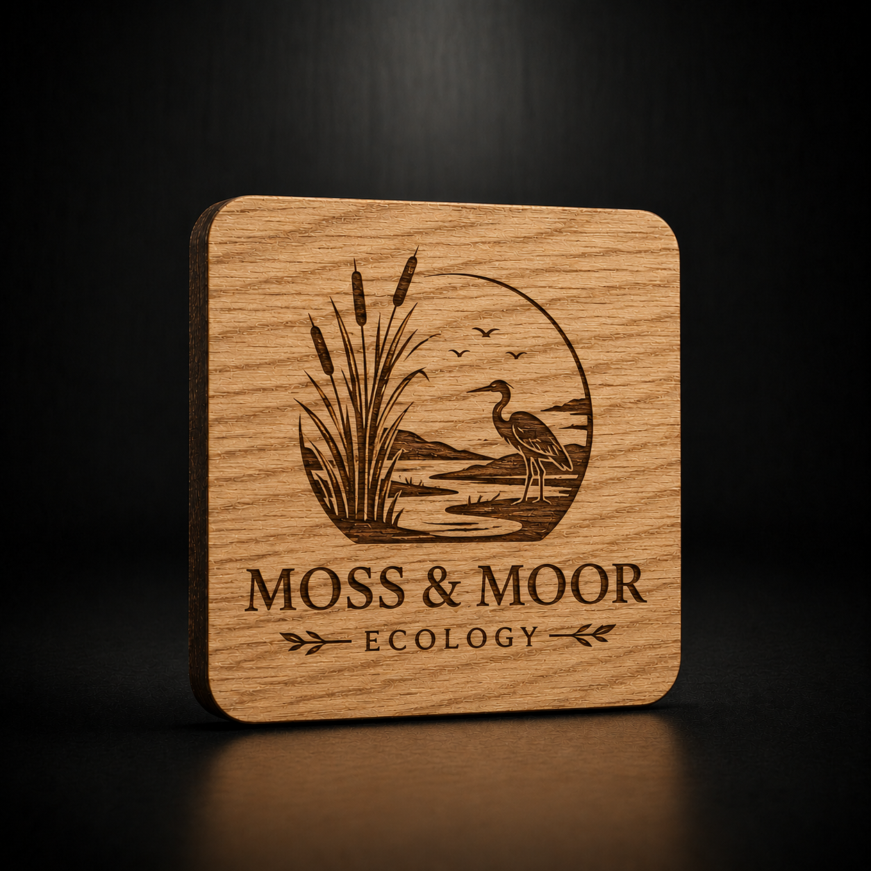 A square wooden coaster with rounded corners, featuring a laser-engraved nature logo of a heron and reeds inside a circle, with the text 'MOSS & MOOR ECOLOGY' printed below. The coaster is shown standing upright on a dark reflective surface against a dark background.