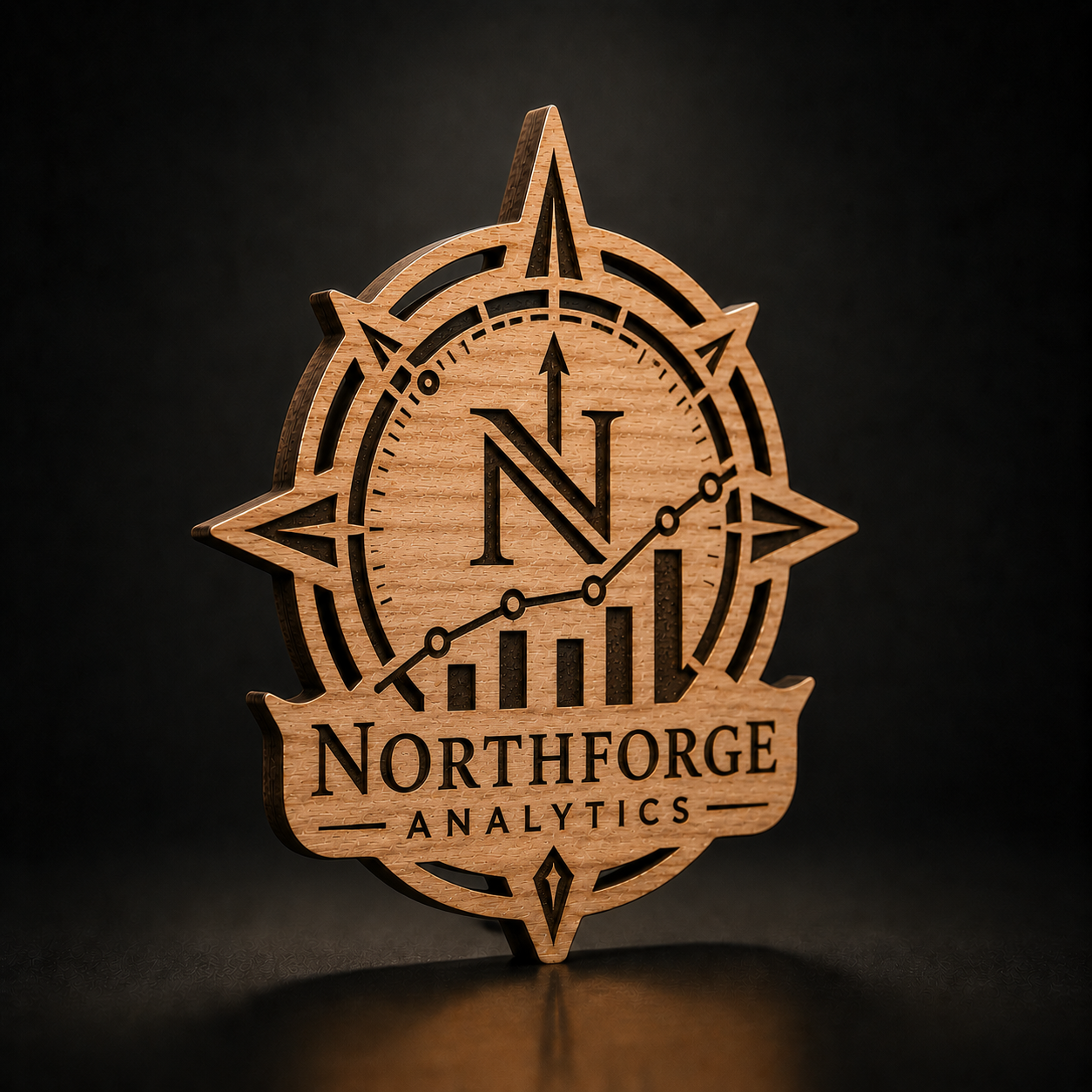 A laser-cut wooden emblem featuring a compass rose design with the text 'NORTHFORGE ANALYTICS' and a stylized 'N' logo, shown on a dark studio background.