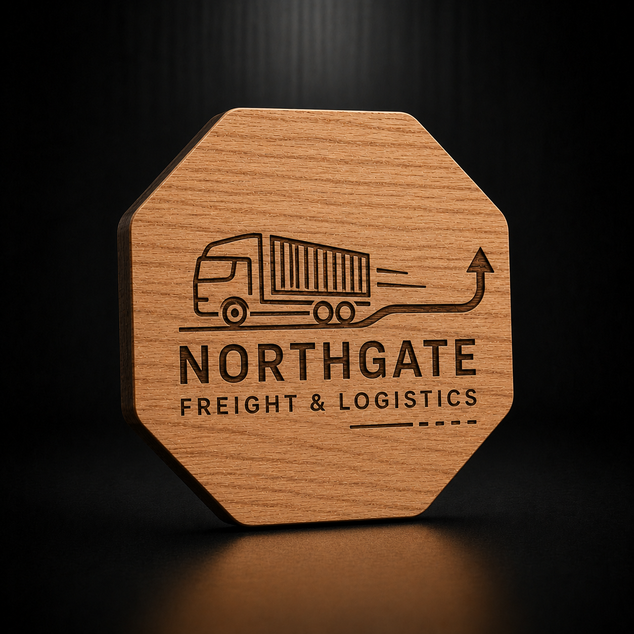 An octagonal wooden plaque with a natural wood grain finish, featuring a laser-engraved illustration of a shipping truck and the text 'NORTHGATE FREIGHT & LOGISTICS'. The plaque is photographed standing upright on a dark, reflective surface against a dark background.