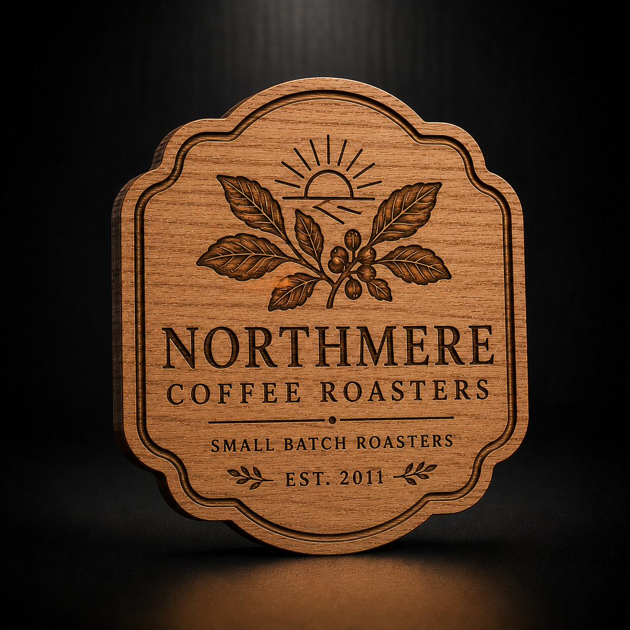 A round wooden coaster with scalloped edges featuring a laser-engraved design of coffee beans and the text 'NORTHMERE COFFEE ROASTERS' on a dark background.