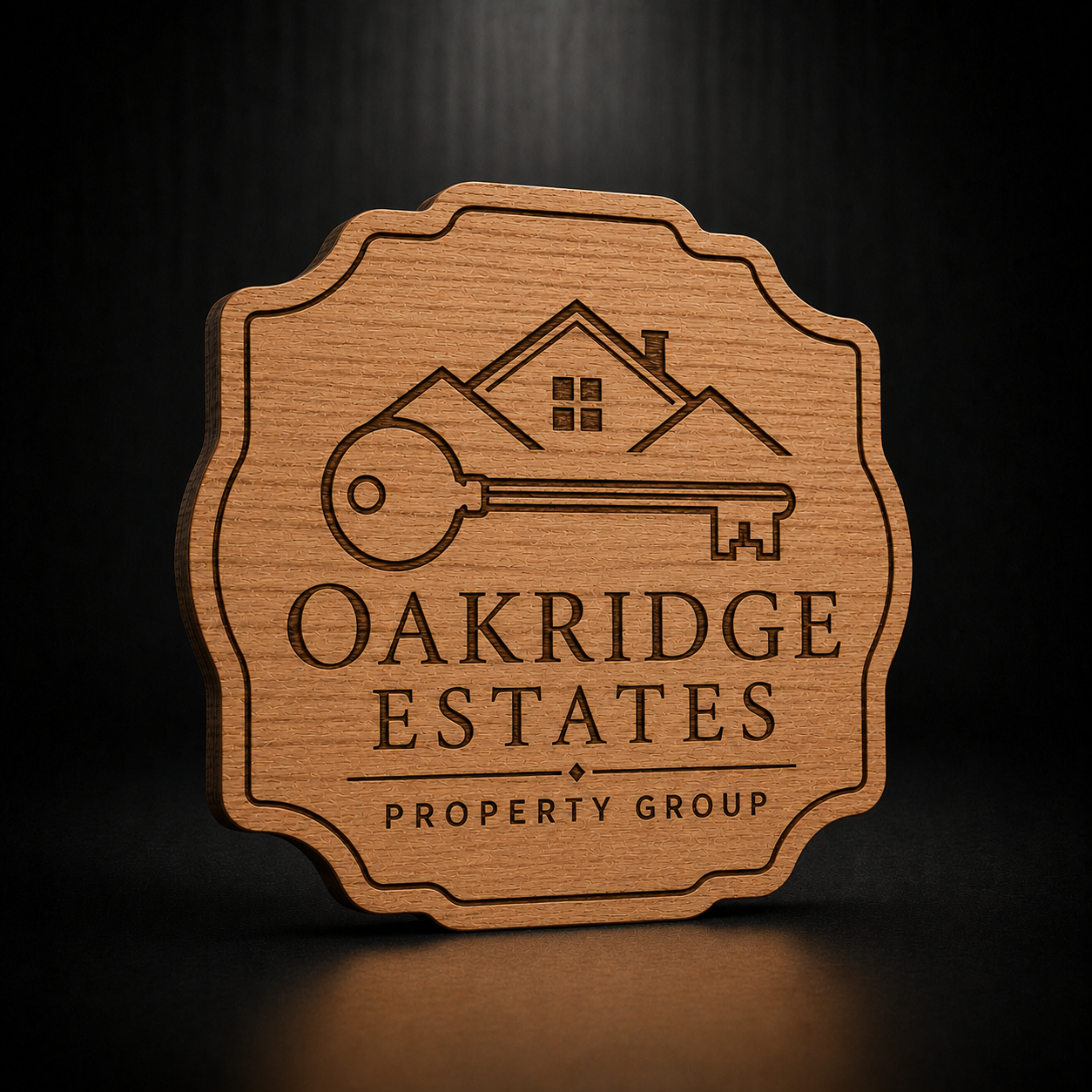 A scalloped wooden plaque or sign featuring an engraved house and key graphic with the text 'OAKRIDGE ESTATES' and smaller 'PROPERTY GROUP' below, shown on a dark background.