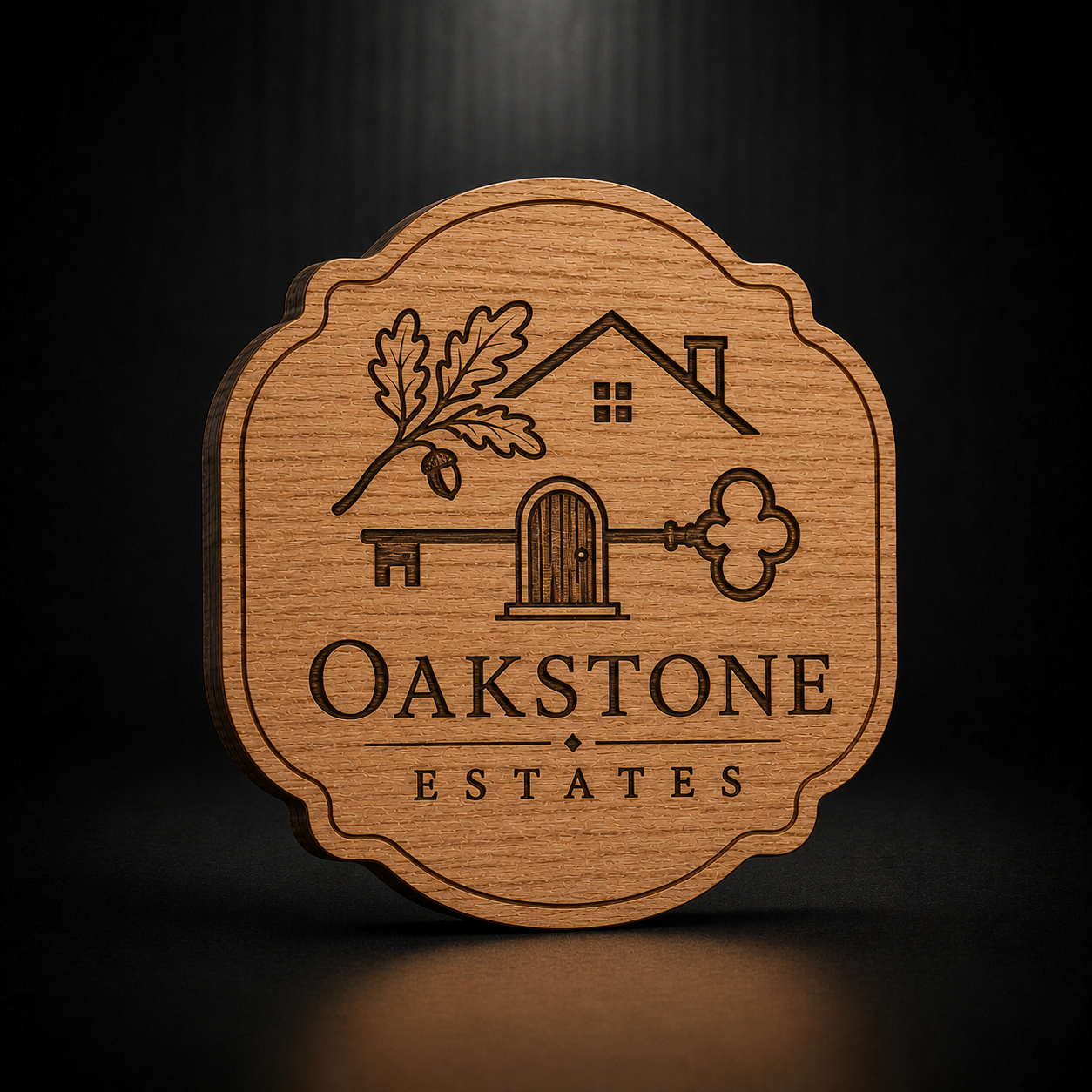 A round wooden plaque or sign with a scalloped edge, featuring an engraved house, oak leaf, key, and the text 'OAKSTONE ESTATES' on a dark background.
