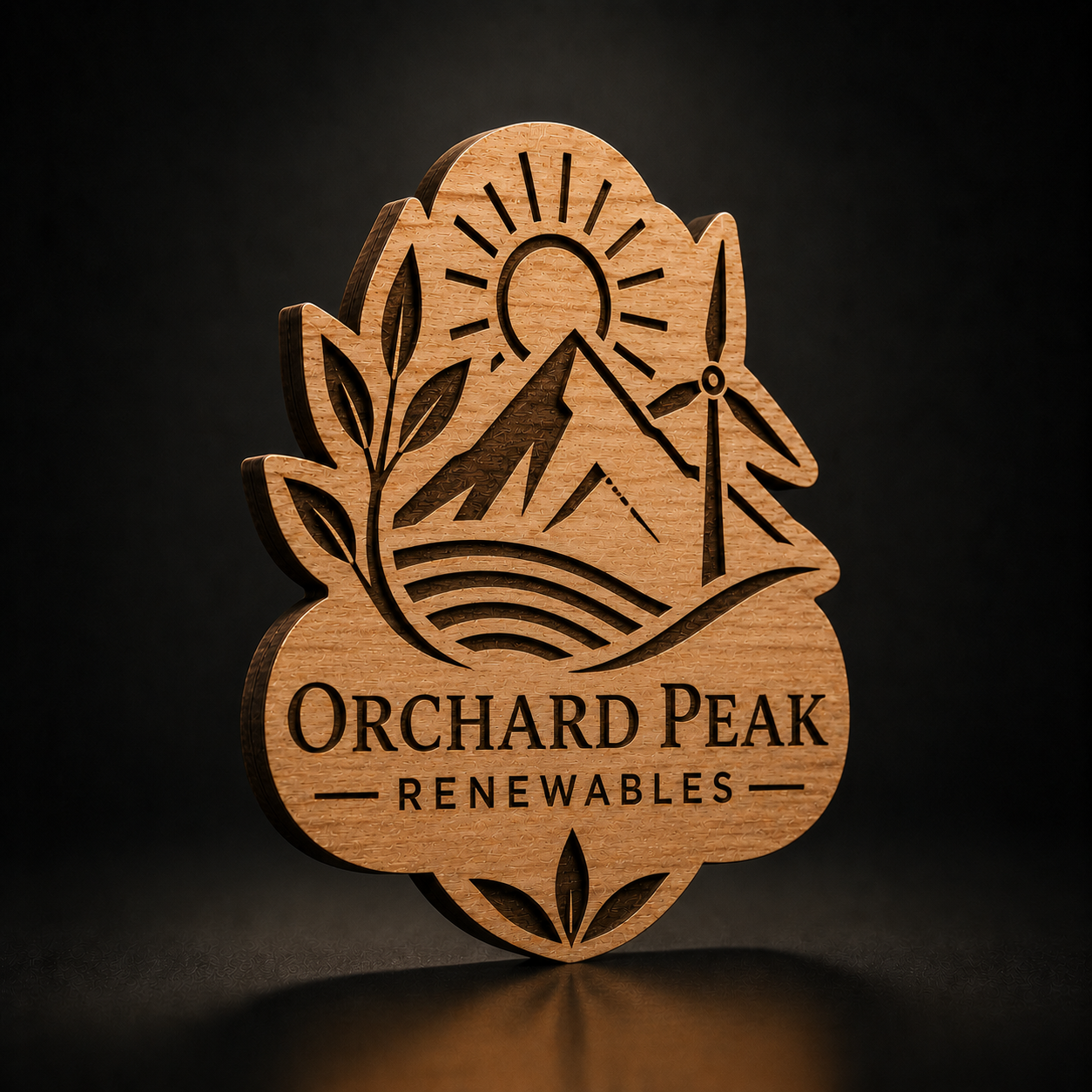 A custom laser-engraved wooden sign featuring a mountain, sun, wind turbine, and leaves, with the text 'ORCHARD PEAK RENEWABLES' engraved in the center, set against a dark background.