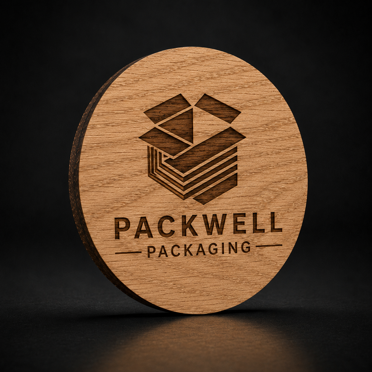 A round wooden coaster featuring a laser-engraved box icon and the text 'PACKWELL PACKAGING' on a dark, reflective surface.