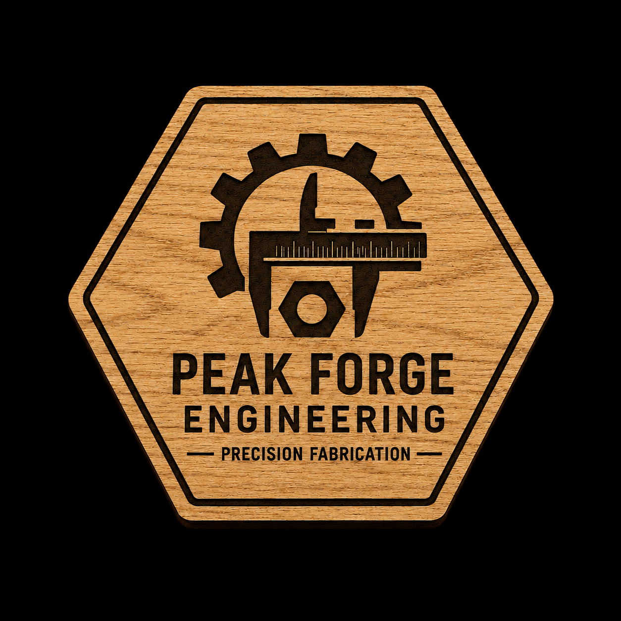 A hexagonal wooden plaque or coaster featuring a black engraved logo of a gear and caliper with the text 'PEAK FORGE ENGINEERING' and 'PRECISION FABRICATION' on a solid black background.