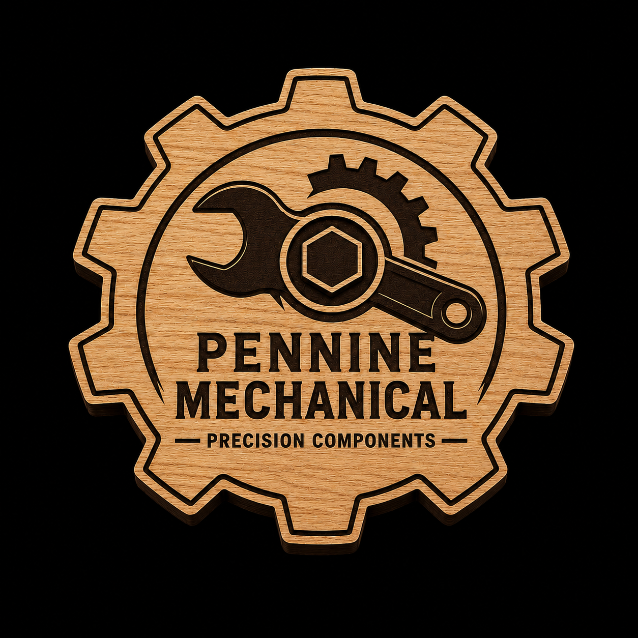 A circular wooden badge or emblem with a gear outline, featuring a wrench and gear graphic, and the text 'PENNINE MECHANICAL' and 'PRECISION COMPONENTS' on a black background.