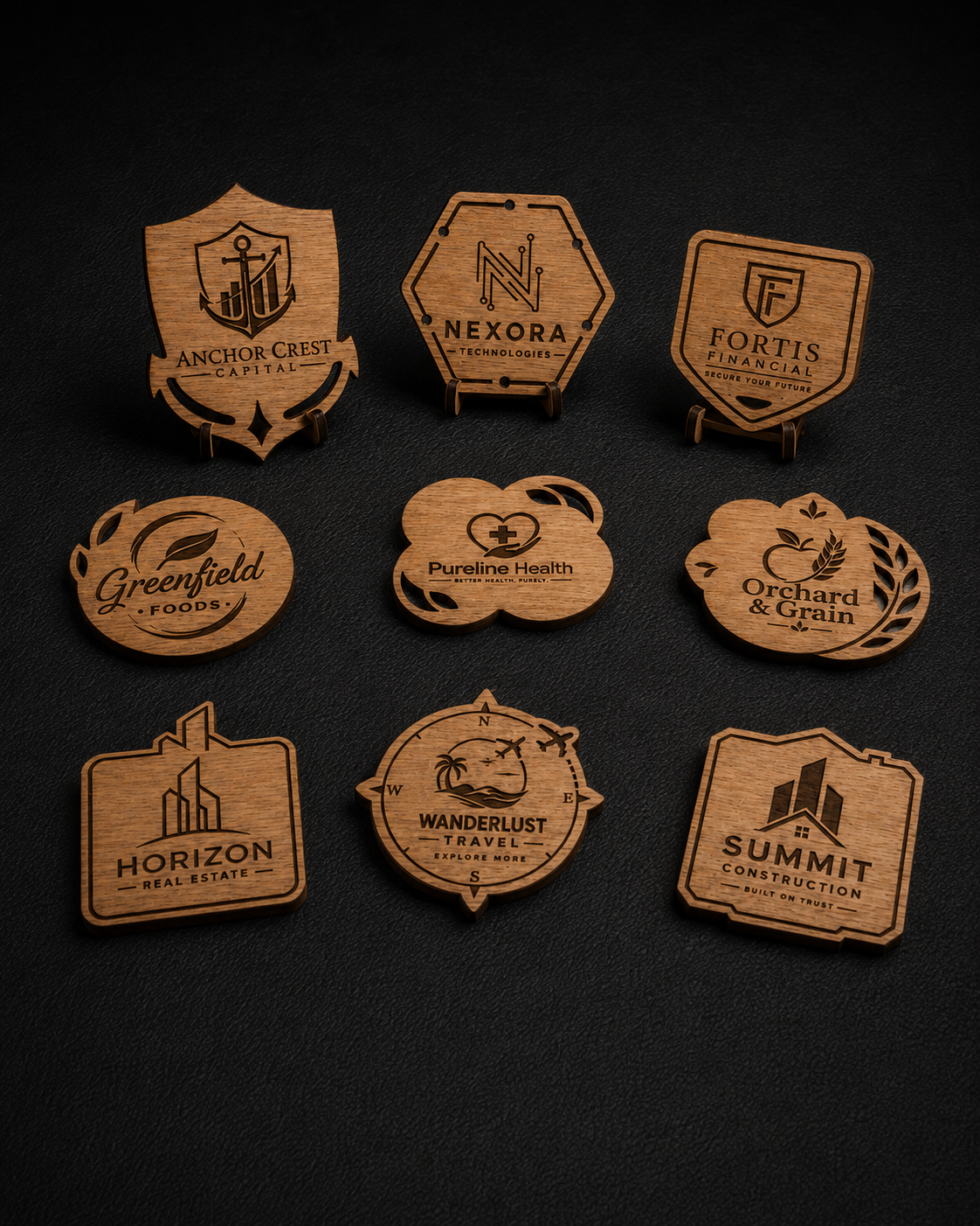 Nine laser-cut wooden business card stands arranged in a 3x3 grid on a dark textured background. Each stand is shaped like a different company crest or logo, with engraved text such as Anchor-Crest Realty, Nexora, Fortis Financial, Greenfield Foods, PureAliment Health, Orchard & Grain, Horizon Real Estate, Wanderlust Travel, and Summit Construction.
